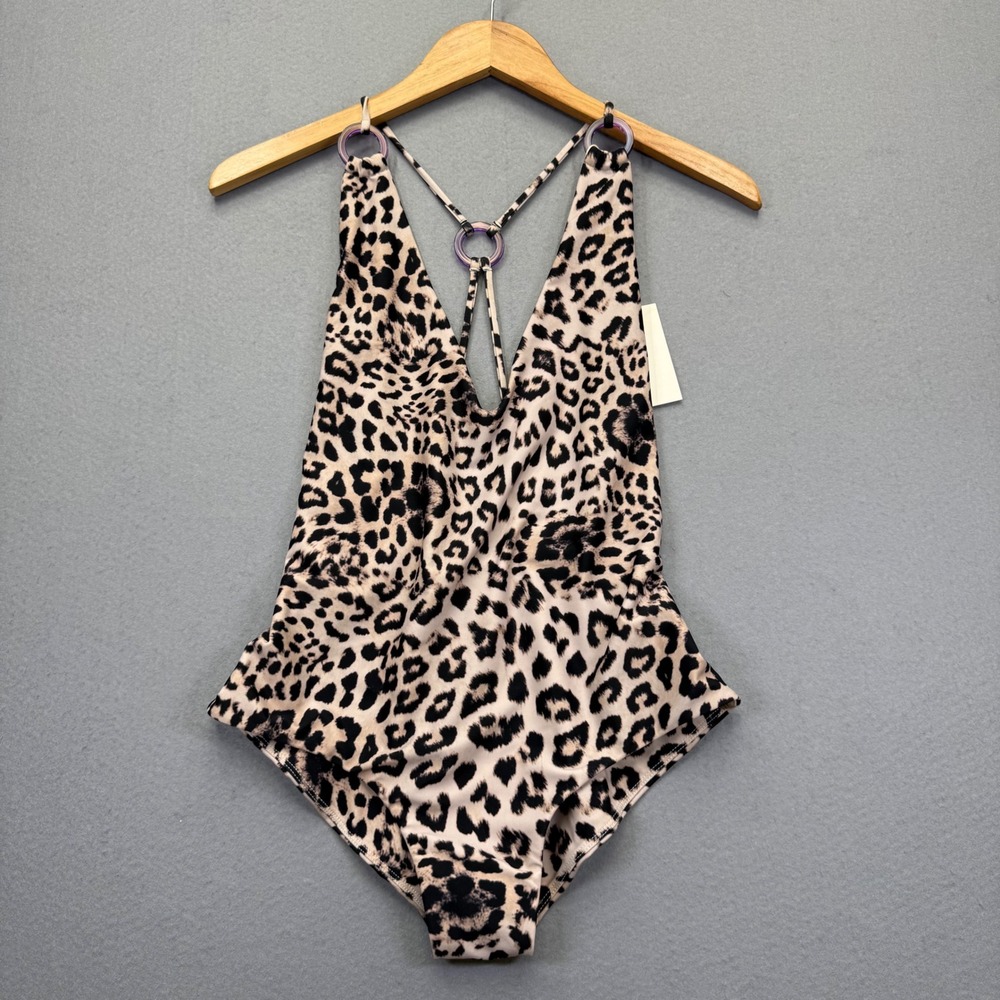 MIKOH Yvette One Piece Swimsuit Leopard‎ Print Purple Ring Detail Large NEW